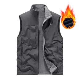 thumbnail for ALO Fall & Winter Cargo Vest, Men's Stand Up Collar, Plus Size Casual, Outdoor Fishing, Mountaineering, Plush Warm Vest
