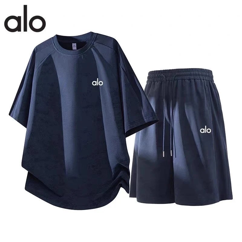 Alo Matching Sets Crew-Neck T-Shirt and Drawstring Shorts Set — Dark blue