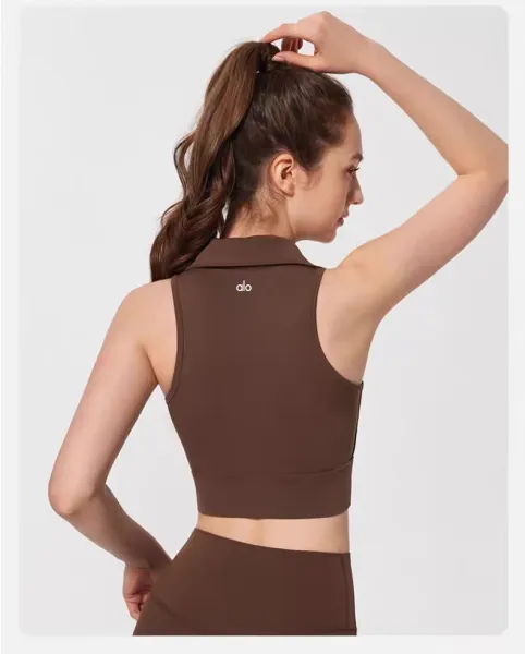Alo Collar Crop Top Chestnut Brown Activewear - 21