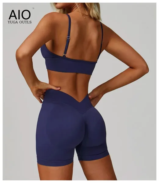 Design AIO Yoga Outls V-Neck Sports Bra Navy Blue Activewear - 33