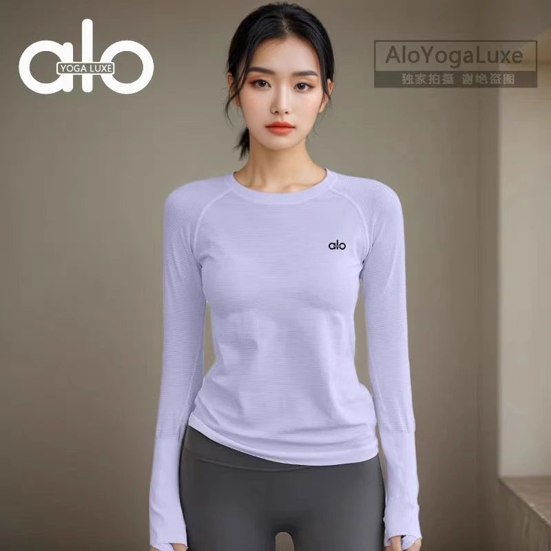 Alo Yoga T-Shirts Long-Sleeve Crewneck Thumbhole Performance Top — purple