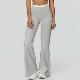 thumbnail for Alo high-waisted tummy tuck micro-flared pants contrasting nude trousers loose wide-leg fake two high-waisted sports gym pants women's straight-leg pants