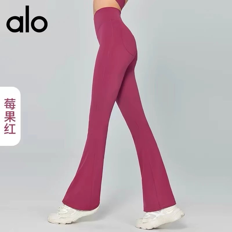 Alo Yoga Trousers High-Waisted Flared Pants with Pockets — Berry Red