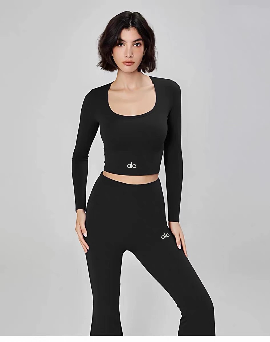 Alo Yoga Long Sleeve Crop Top Beige Activewear - 27