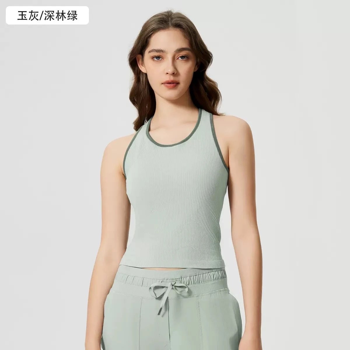 alo Vests Ribbed Contrast-Trim Tank Top — Jade gray/forest green