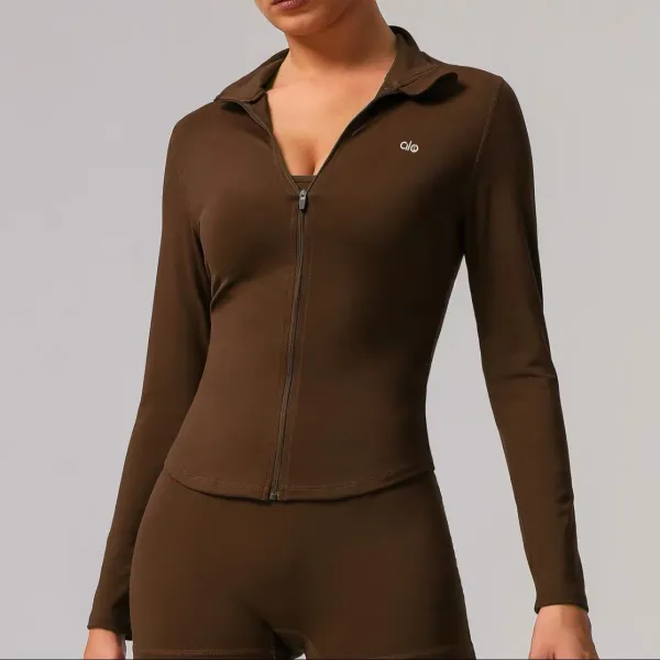 Alo Yoga Zip-Up Long Sleeve Top Brown Activewear Set - 1