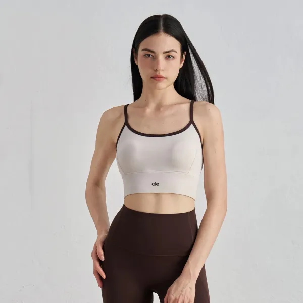 Alo Yoga Studio Crop Top Beige with Brown Trim Sports Bra Activewear - 1