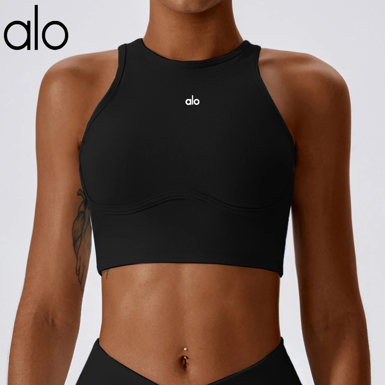 Alo High-Neck Ribbed Crop Top Black Activewear - 7