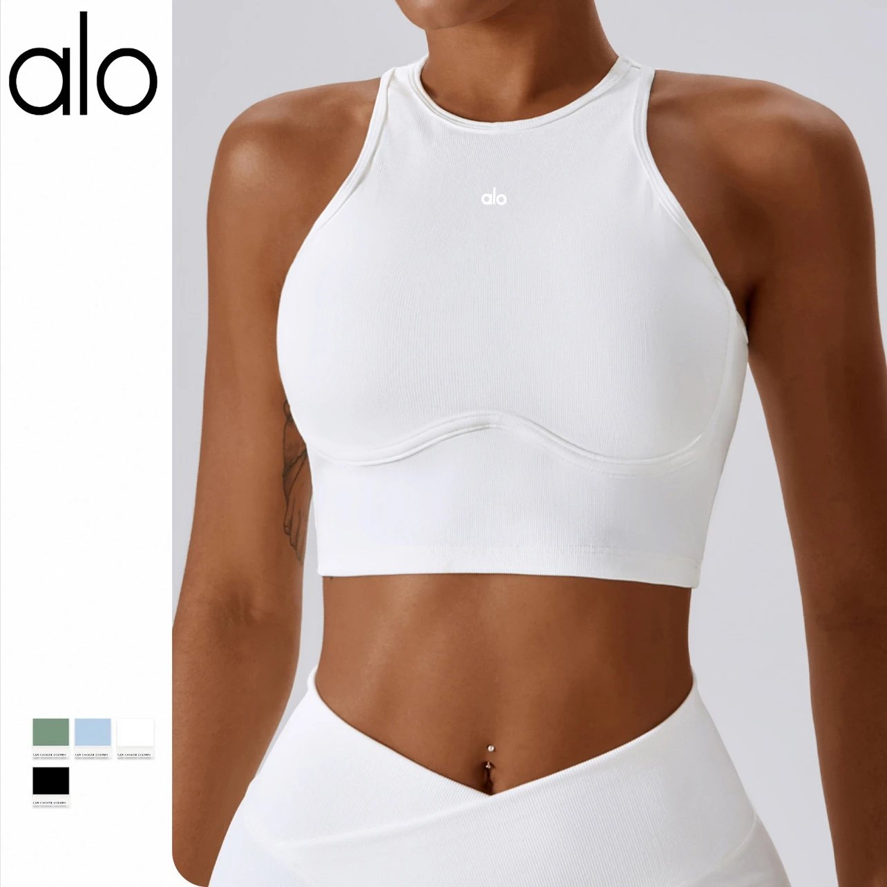 Alo High-Neck Ribbed Crop Top Black Activewear - 14