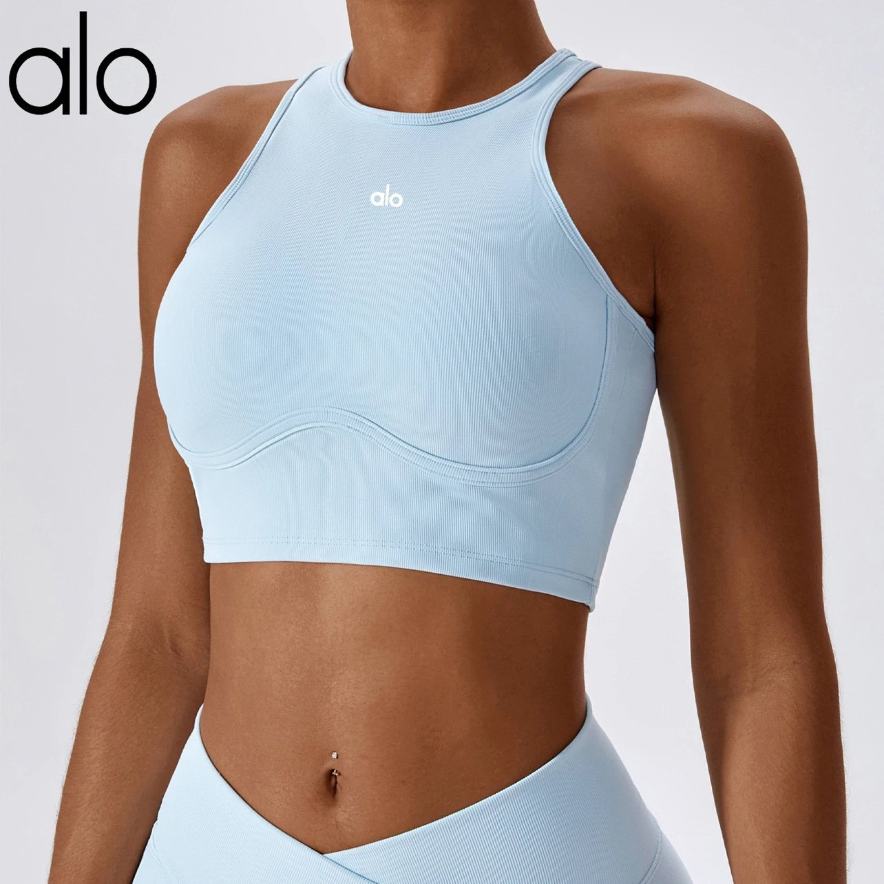 Alo High-Neck Ribbed Crop Top Black Activewear - 8