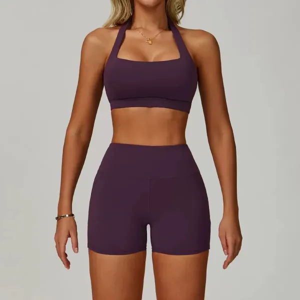 Design Halter Neck Sports Bra and High-Waisted Shorts Set Purple Activewear - 1