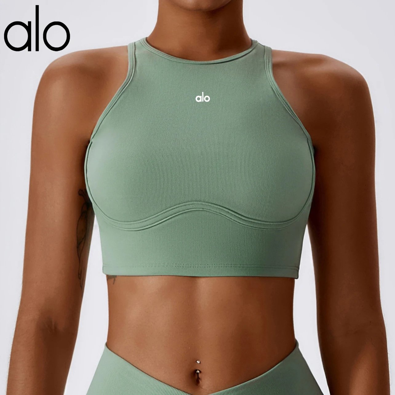Alo High-Neck Ribbed Crop Top Black Activewear - 6