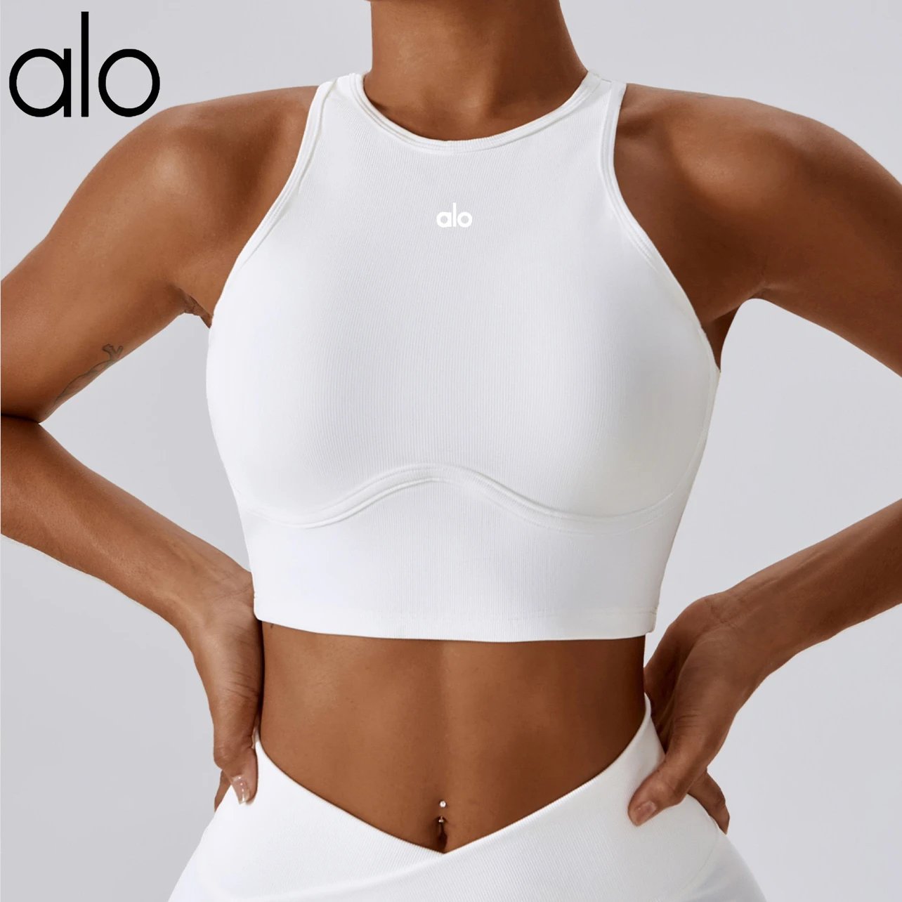 Alo High-Neck Ribbed Crop Top Black Activewear - 9