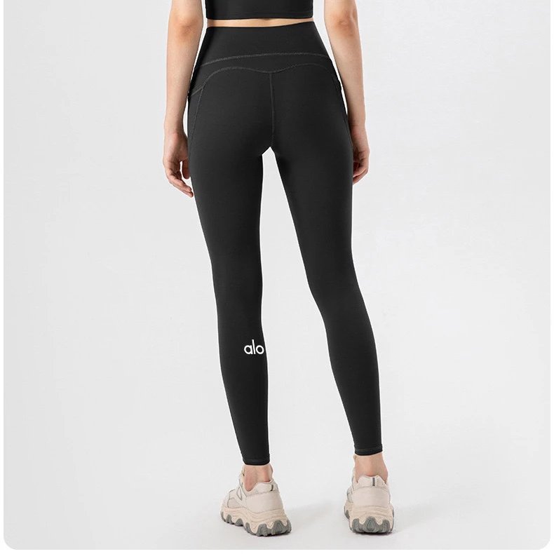 Alo Trousers High-Waisted Ankle-Length Leggings with Side Pockets — Black