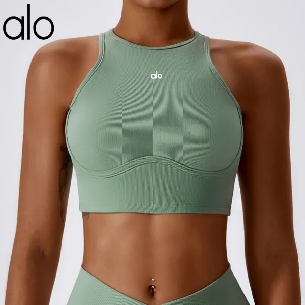 Alo High-Neck Ribbed Crop Top Sage Green Activewear - 1
