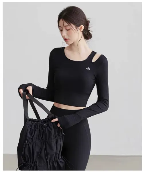 Alo Ribbed Cut-Out Long Sleeve Crop Top Beige Activewear - 19