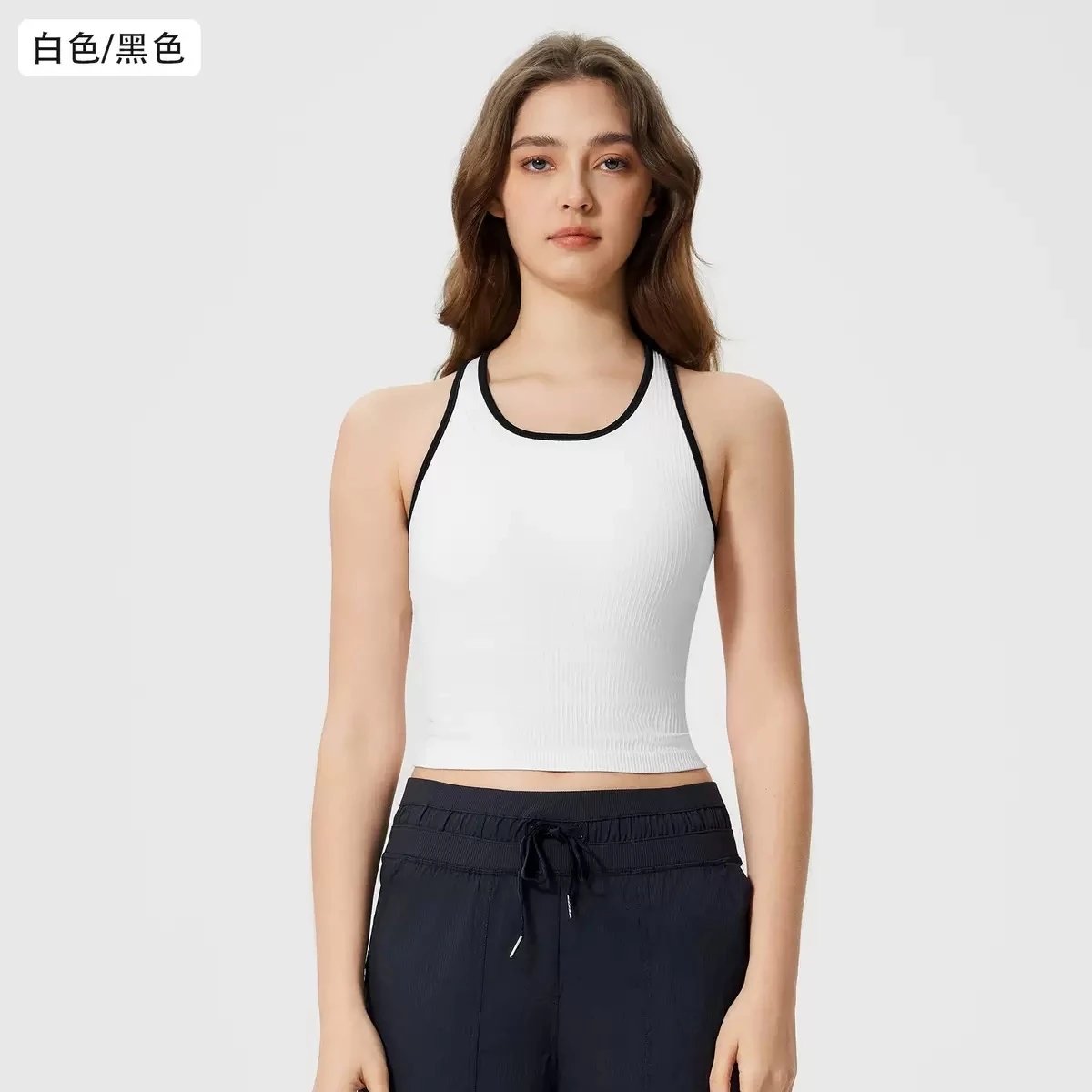 alo Vests Ribbed Contrast-Trim Tank Top — White/Black
