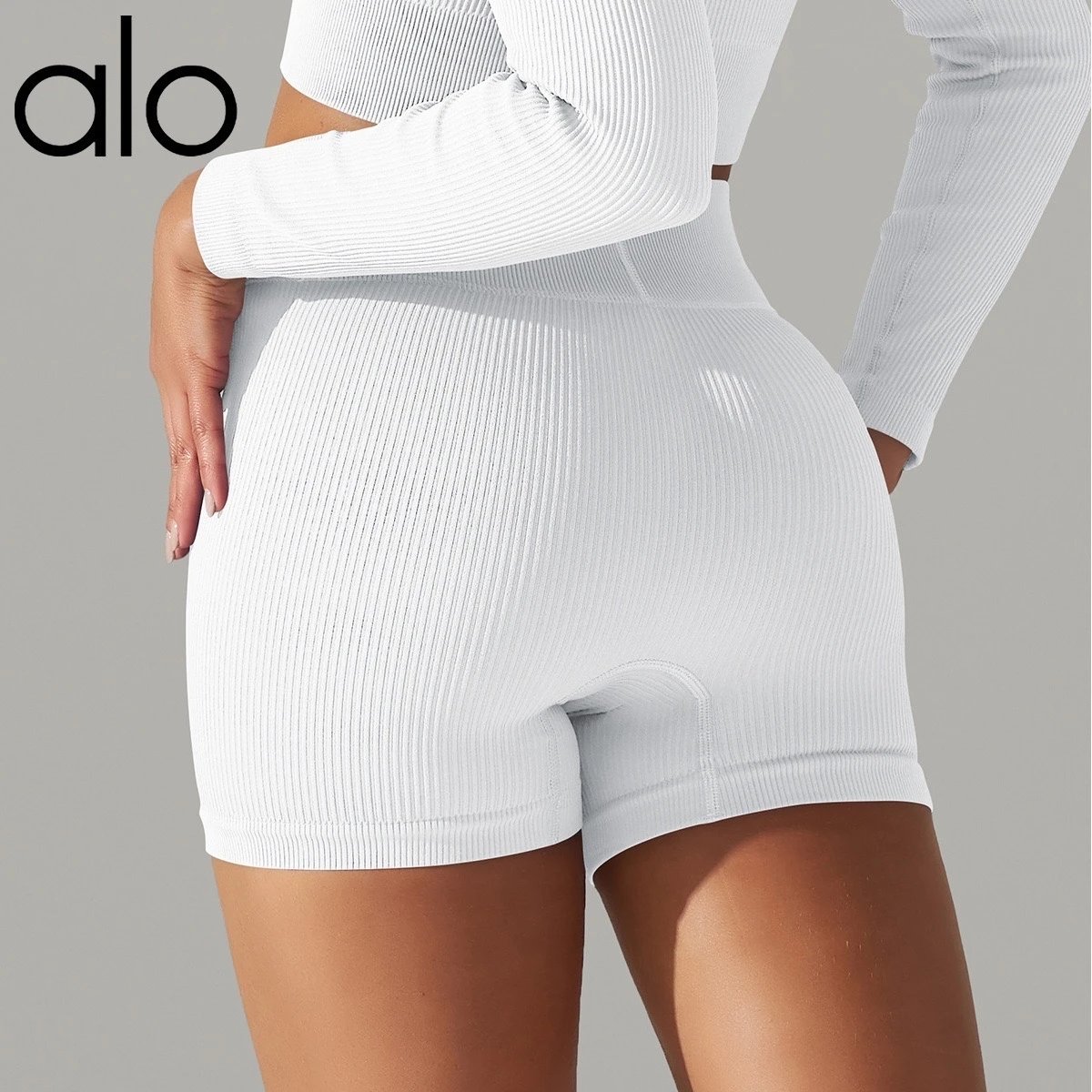 Alo Shorts Ribbed High-Waist Biker — Milky white