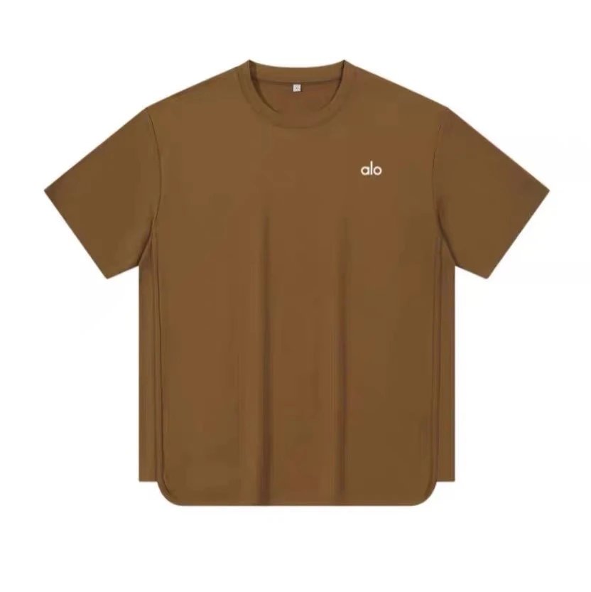 Alo T-Shirts Oversized drop-shoulder curved-hem short-sleeve T-shirt — Camel color