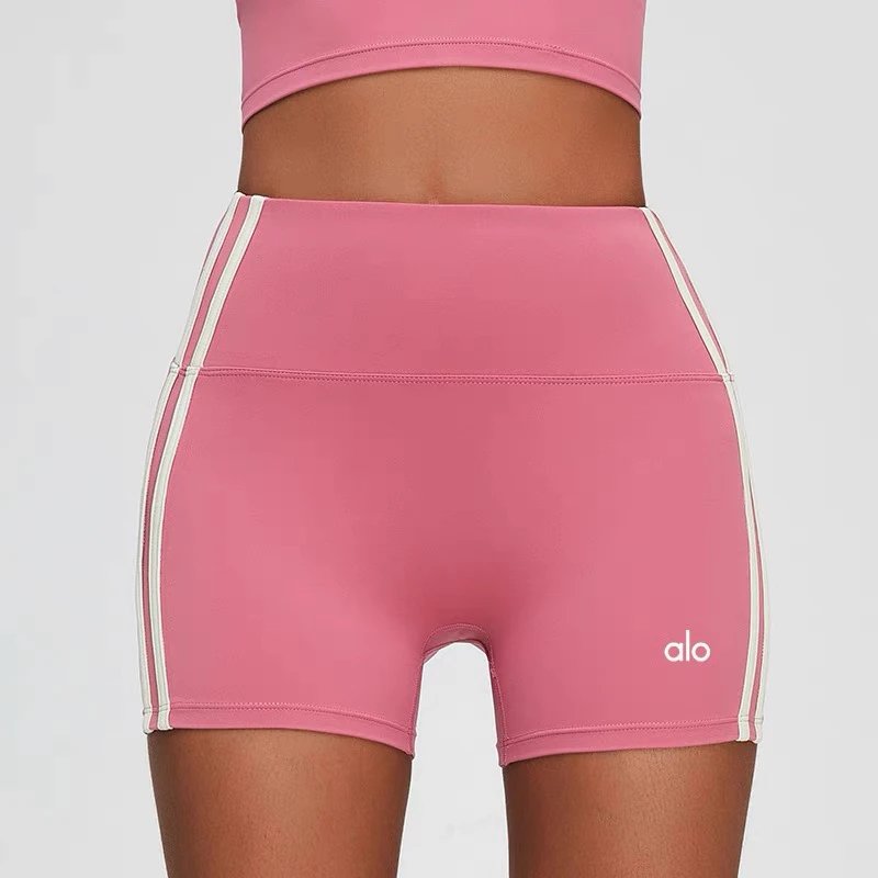 Alo High-Waisted Bike Shorts Peach with White Stripe - 13