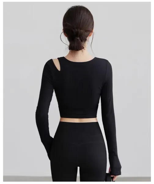 Alo Ribbed Cut-Out Long Sleeve Crop Top Beige Activewear - 18