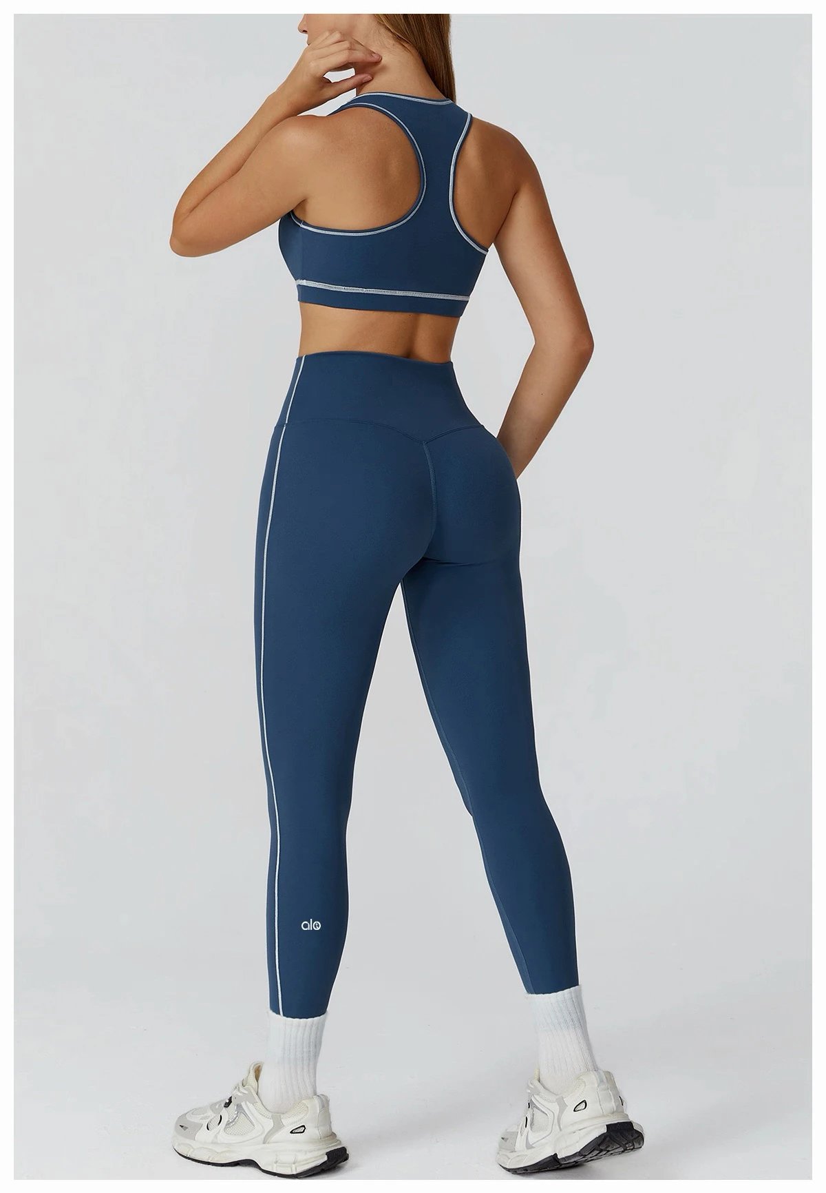 Design High-Waisted Navy Leggings with Side Stripe - 21