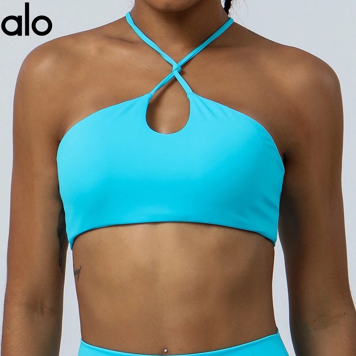 Alo Halter Neck Cutout Crop Top Turquoise Activewear
