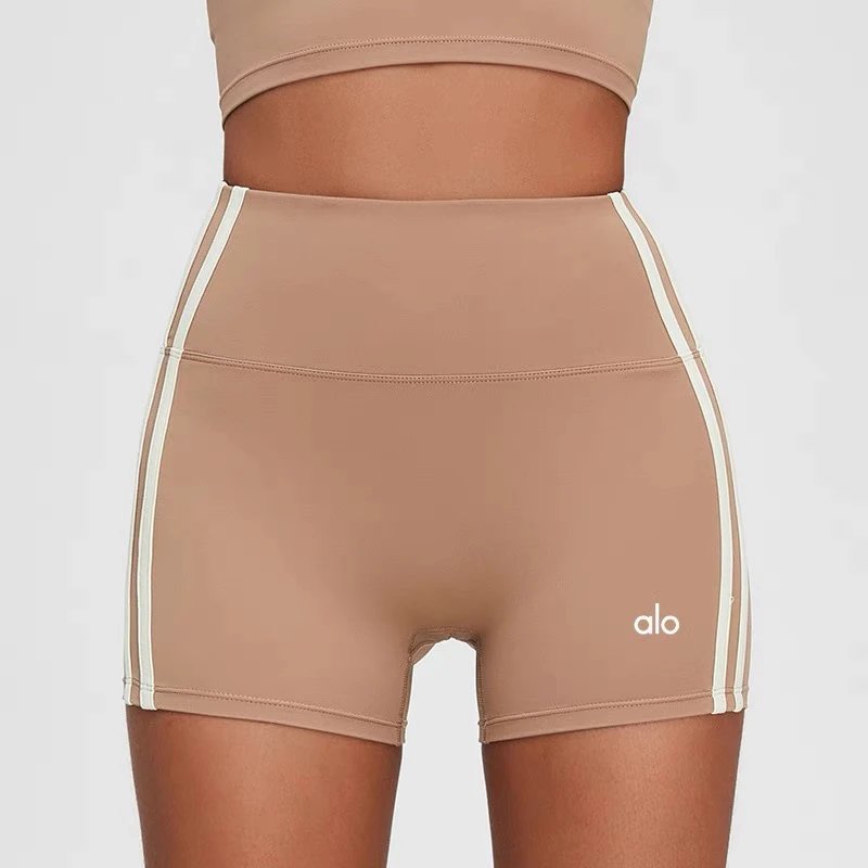 Alo High-Waisted Bike Shorts Peach with White Stripe - 12
