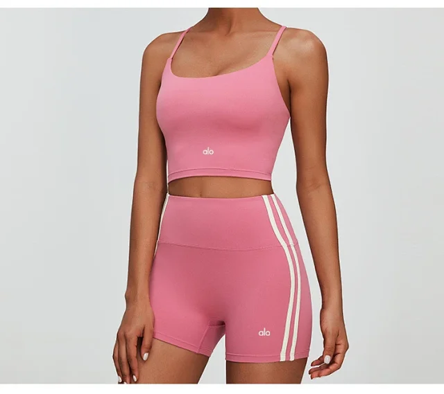 Alo Matching Sets Cropped Strappy Sports Bra and Side-Stripe Shorts Set product detail image 36