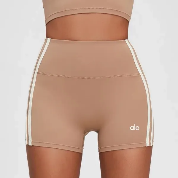 Alo High-Waisted Bike Shorts Beige with White Stripes Activewear - 1