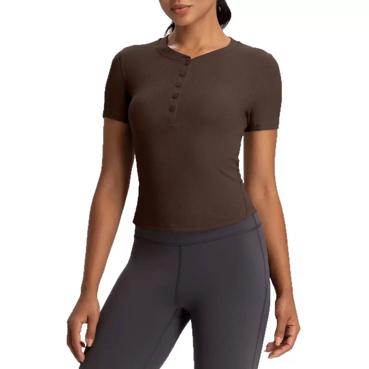 Alo Yoga T-Shirts Ribbed short-sleeve button-front fitted T-shirt image 5