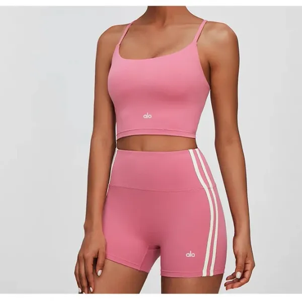 Alo Yoga High-Waisted Stripe Shorts and Square Neck Crop Top Set Pink Activewear - 1