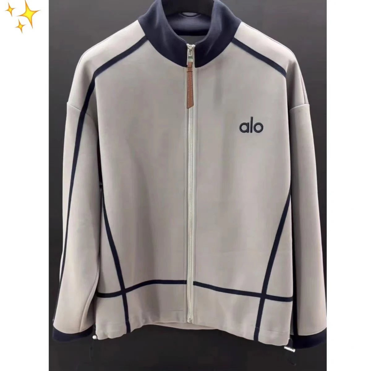 Alo Studio Track Jacket Light Gray with Navy Trim Outerwear - 4