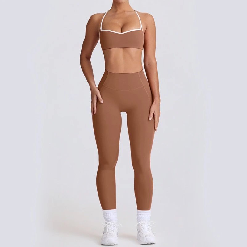 Design Racerback Sports Bra and High-Waisted Shorts Set in Mocha Activewear - 13