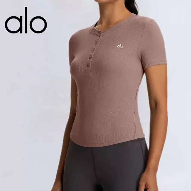Alo Yoga T-Shirts Ribbed short-sleeve button-front fitted T-shirt product detail image 1
