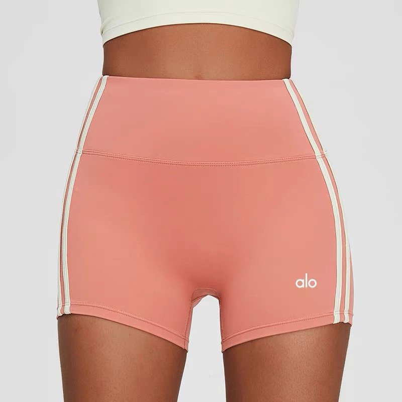 Alo High-Waisted Bike Shorts Peach with White Stripe - 14