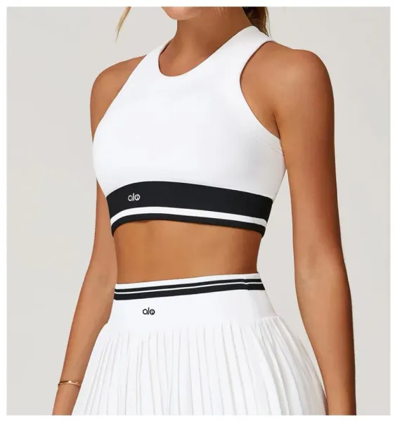 Alo Yoga Ribbed Crop Top in Periwinkle Blue with White Stripe Activewear - 30