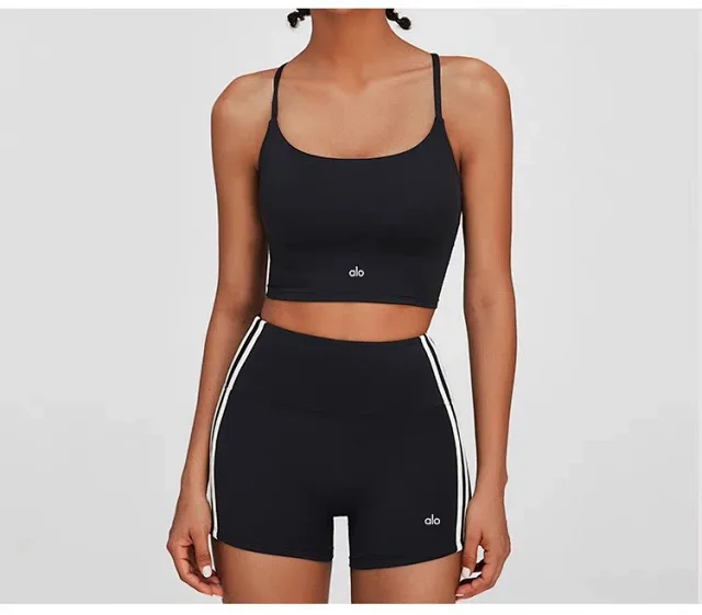 Alo Matching Sets Cropped Strappy Sports Bra and Side-Stripe Shorts Set product detail image 14