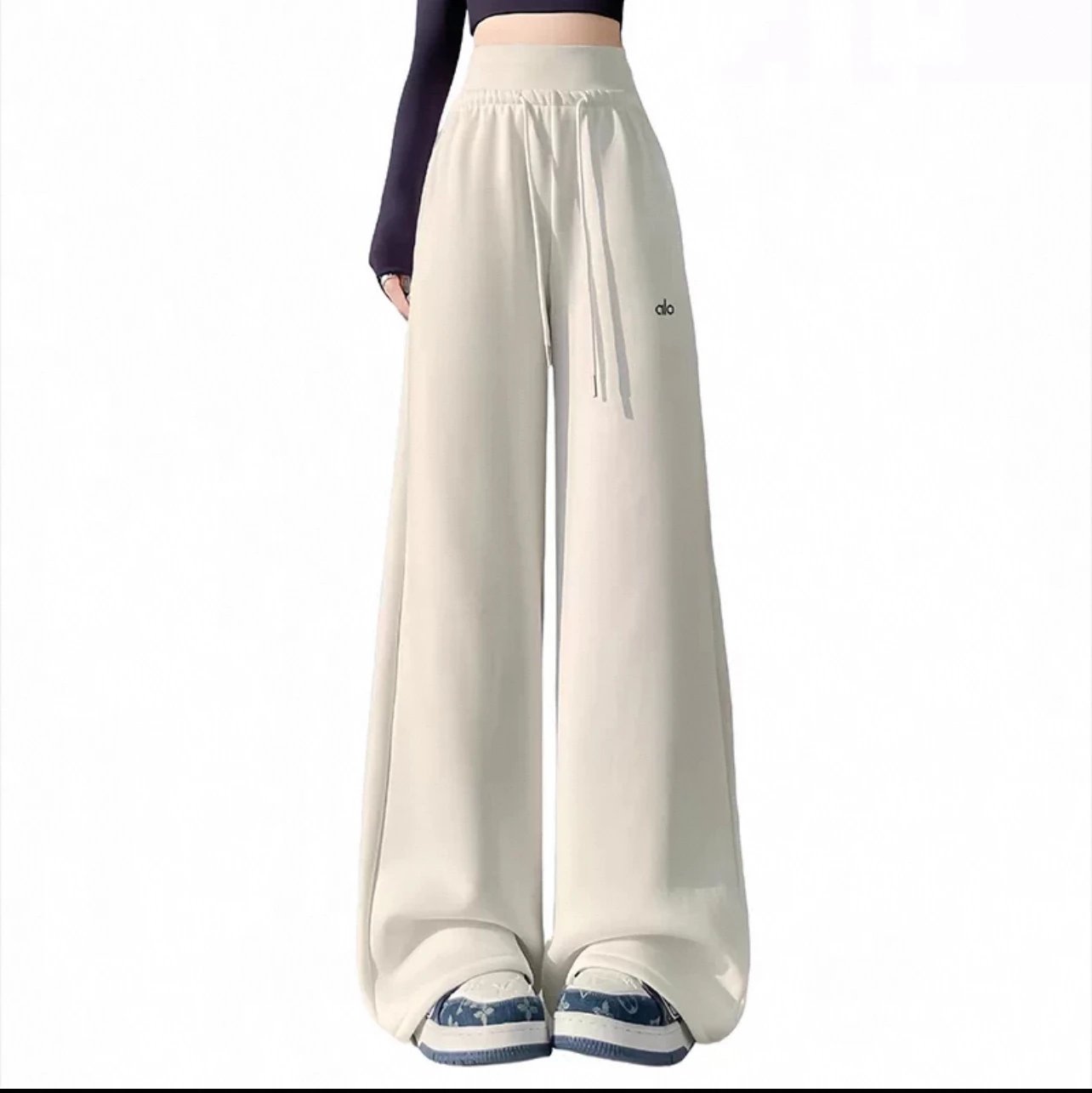 Alo Trousers High-waisted wide-leg drawstring sweatpants — White trousers