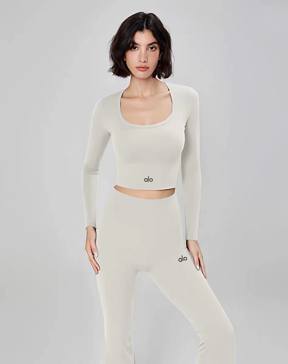 Alo Yoga Long Sleeve Crop Top Beige Activewear - 25
