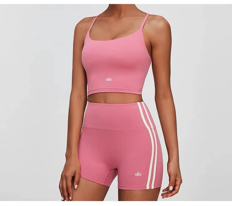 Alo High-Waisted Bike Shorts Peach with White Stripe - 17