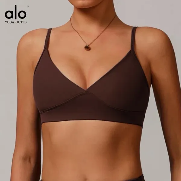 Alo Yoga Outls V-Neck Sports Bra Brown Activewear - 1
