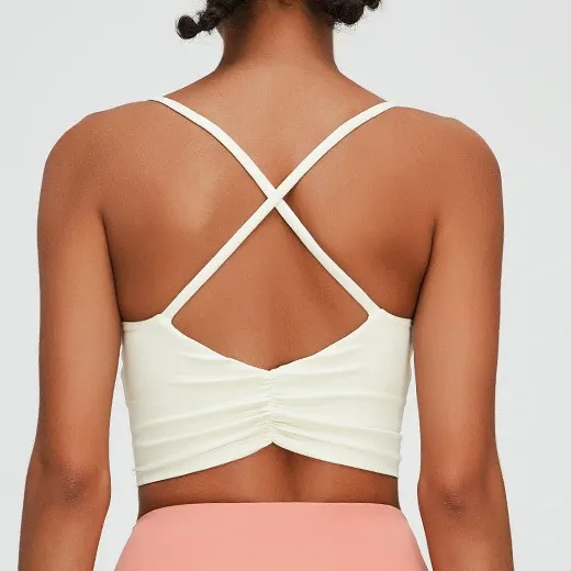 Design Cross-Back Ruched Crop Top in Cream Activewear - 1