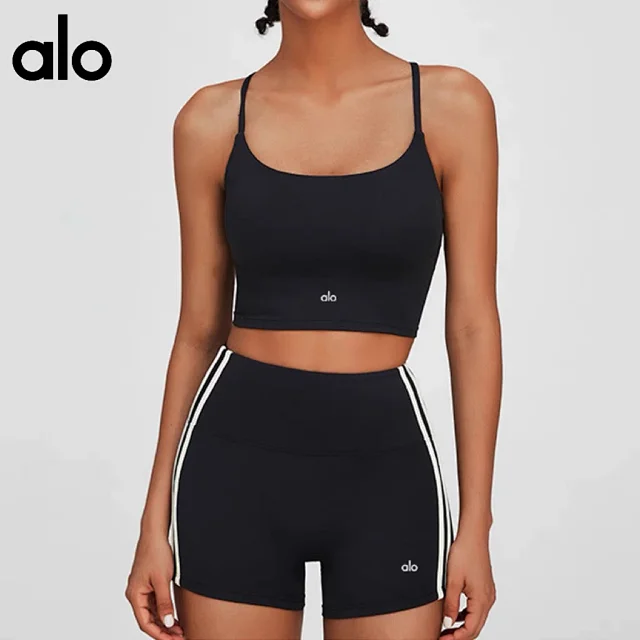 Alo Matching Sets Cropped Strappy Sports Bra and Side-Stripe Shorts Set product detail image 1