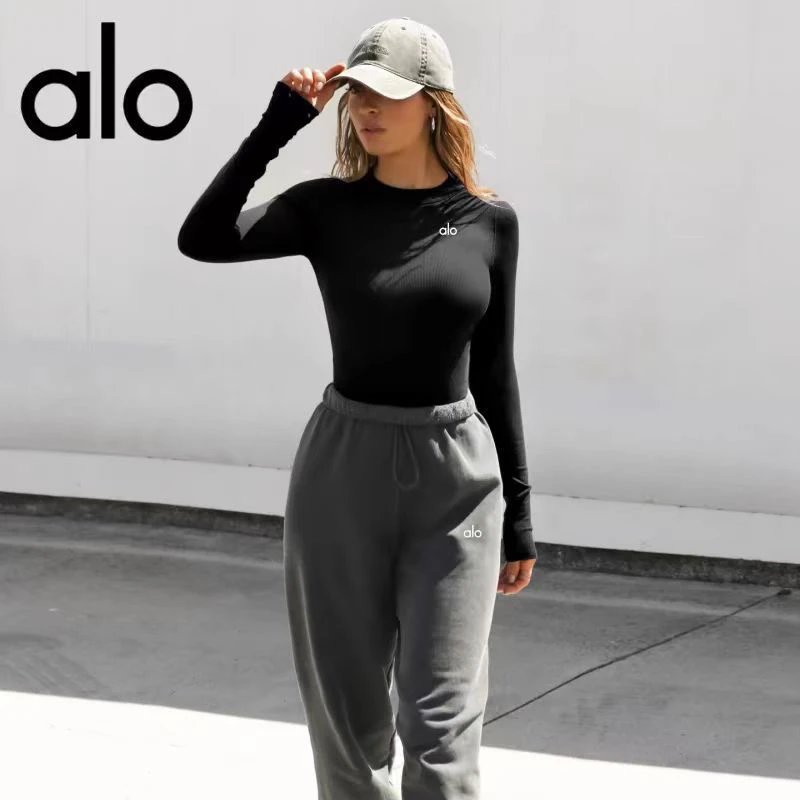 Alo Ribbed Long Sleeve Base Layer Black Top - 16
