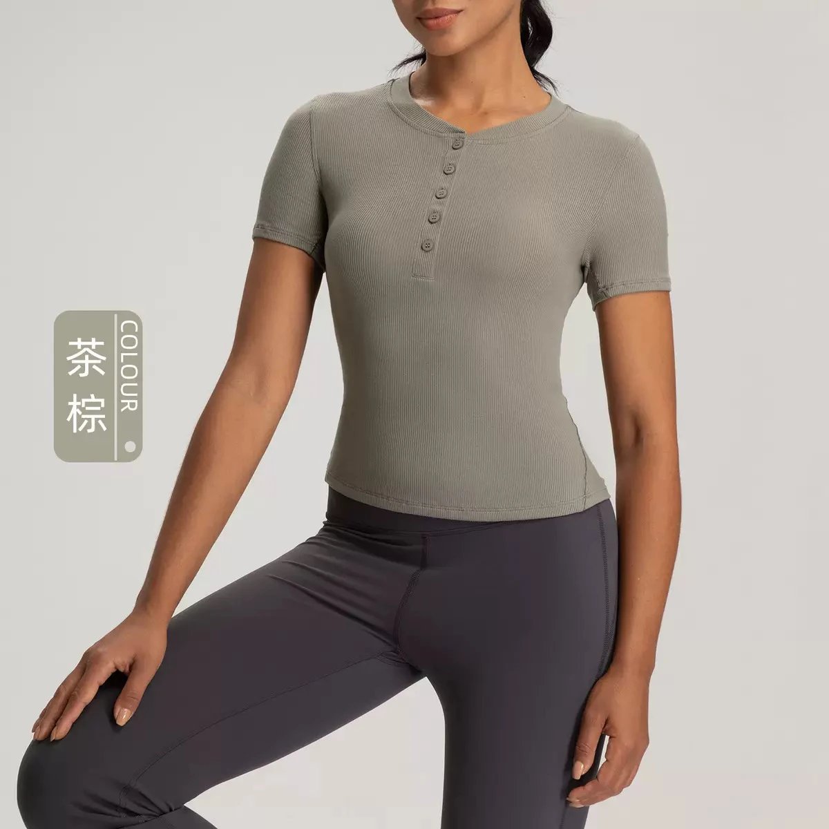Alo Yoga T-Shirts Ribbed short-sleeve button-front fitted T-shirt image 11