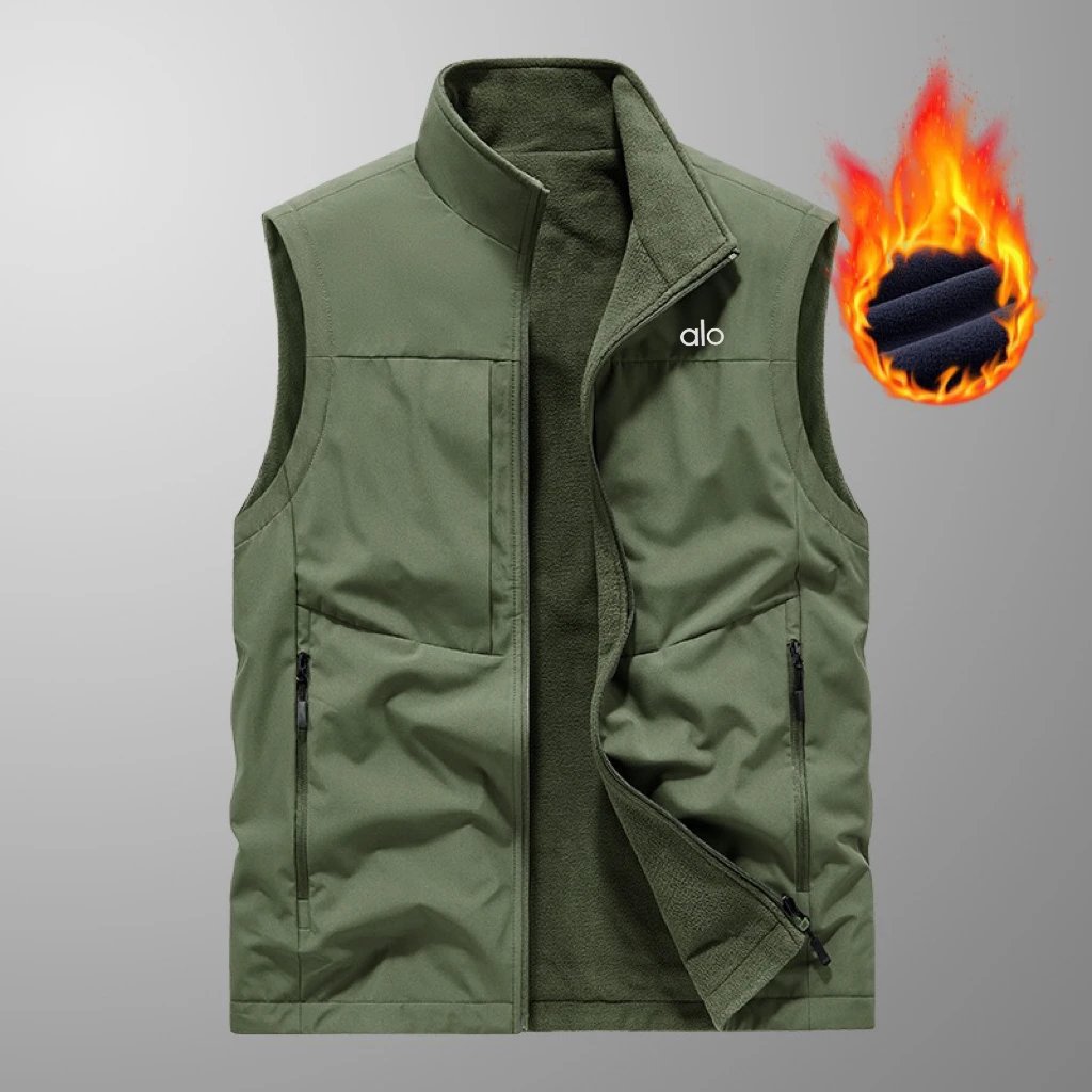 Alo Vests Fleece-Lined Zip Vest with Stand Collar — army green