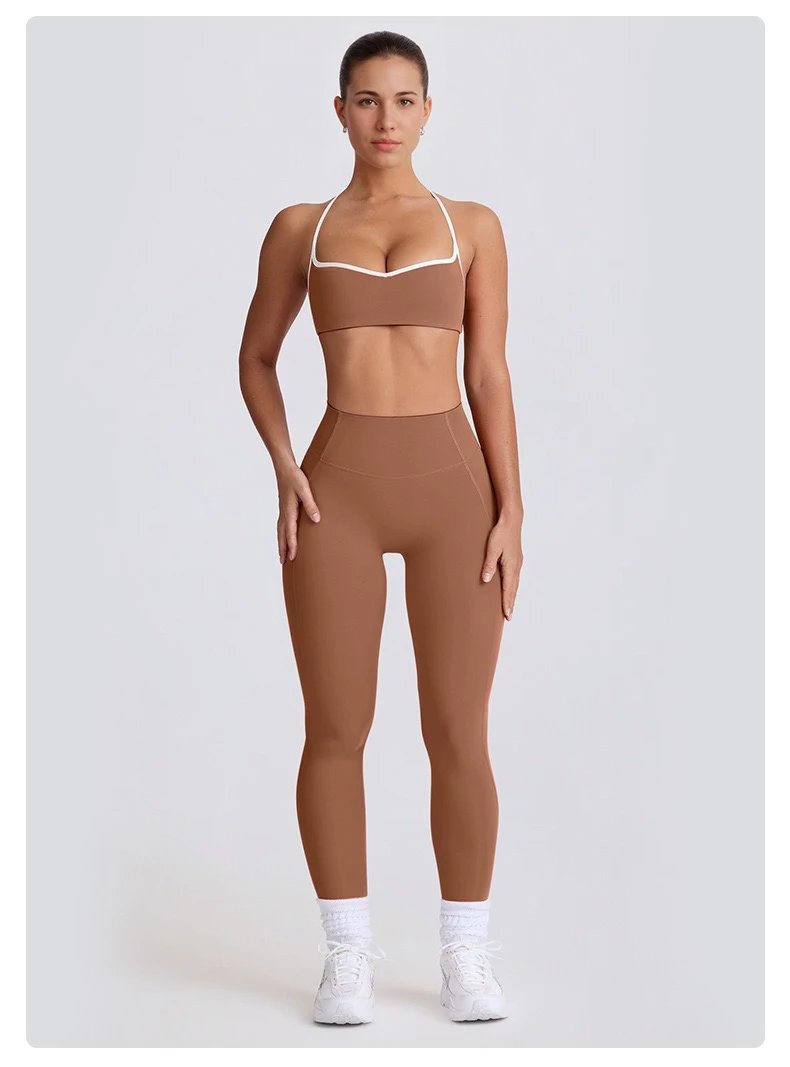 Design Racerback Sports Bra and High-Waisted Shorts Set in Mocha Activewear - 42