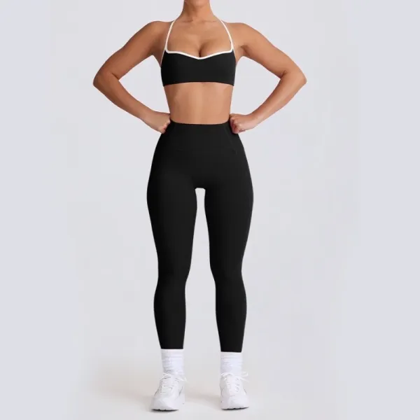 Alo Yoga High-Waisted Leggings Black with White Trim Sports Bra Set Activewear - 1