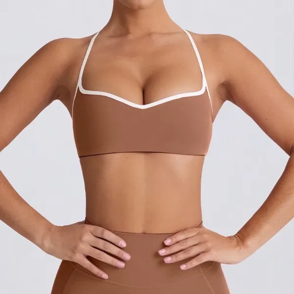 Alo Yoga V-Neck Strappy Sports Bra in Mocha with White Trim Activewear - 1